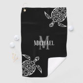 White Turtle Tribal Black Background Monogram Ba Golfhanddoek (Insitu)