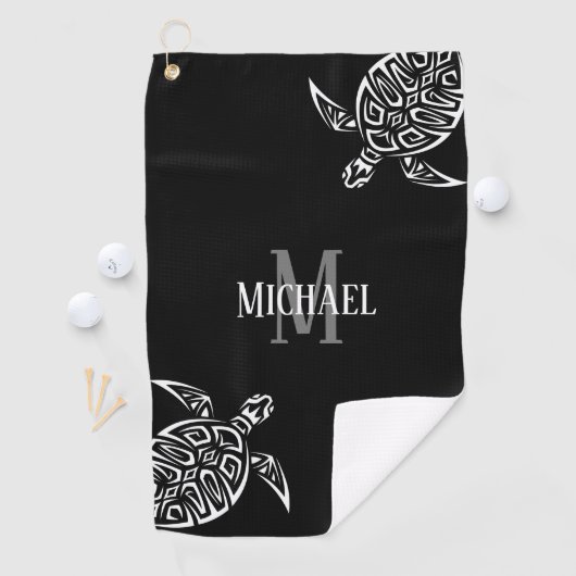 White Turtle Tribal Black Background Monogram Ba Golfhanddoek (Insitu)