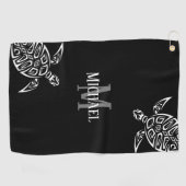White Turtle Tribal Black Background Monogram Ba Golfhanddoek (Horizontaal)