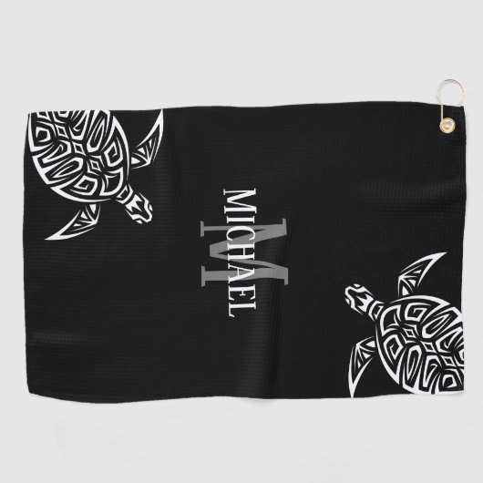 White Turtle Tribal Black Background Monogram Ba Golfhanddoek (Horizontaal)
