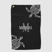 White Turtle Tribal Black Background Monogram Ba Golfhanddoek (Voorkant)