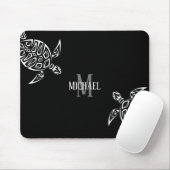White Turtle Tribal Black Background Monogram Muismat (Met muis)