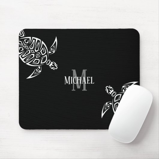 White Turtle Tribal Black Background Monogram Muismat (Met muis)