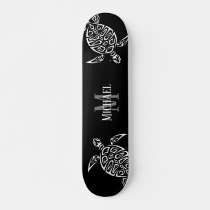 White Turtle Tribal Black Background Monogram Persoonlijk Skateboard