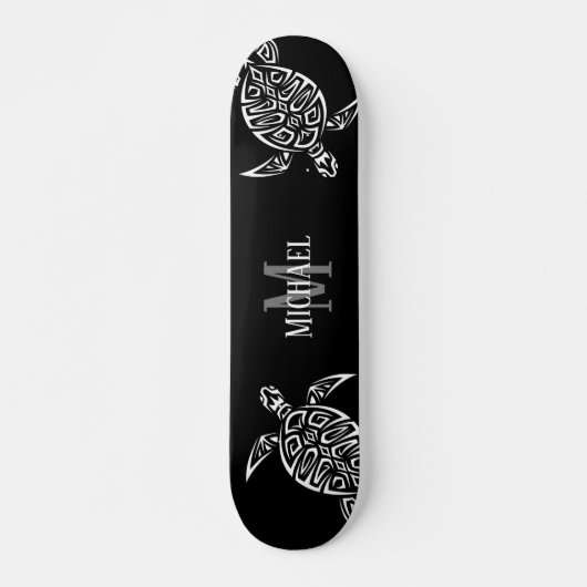 White Turtle Tribal Black Background Monogram Persoonlijk Skateboard (Voorkant)