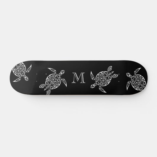 White Turtle Tribal Black Background Monogram Persoonlijk Skateboard (Horizontaal)
