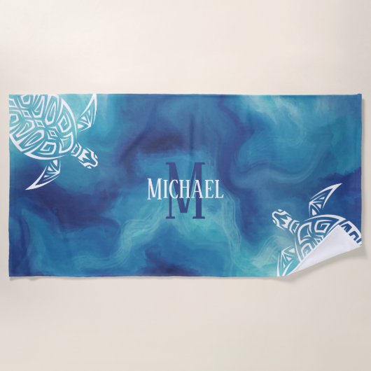 White Turtle Tribal | Blauwe Waterverf | Monogram Strandlaken (Voorkant)