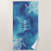 White Turtle Tribal | Blauwe Waterverf | Monogram Strandlaken (Voorkant)