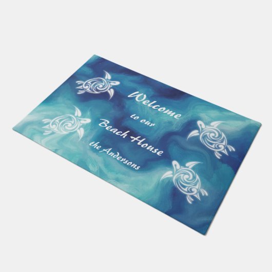 White Turtles Blue Waterverf Family Name Coastal Deurmat (Schuin)