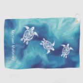 White Turtles in Blue Ocean Waterverf Jouw naam Golfhanddoek (Horizontaal)