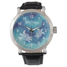 White Turtles in Blue Ocean Waterverf Jouw naam Horloge