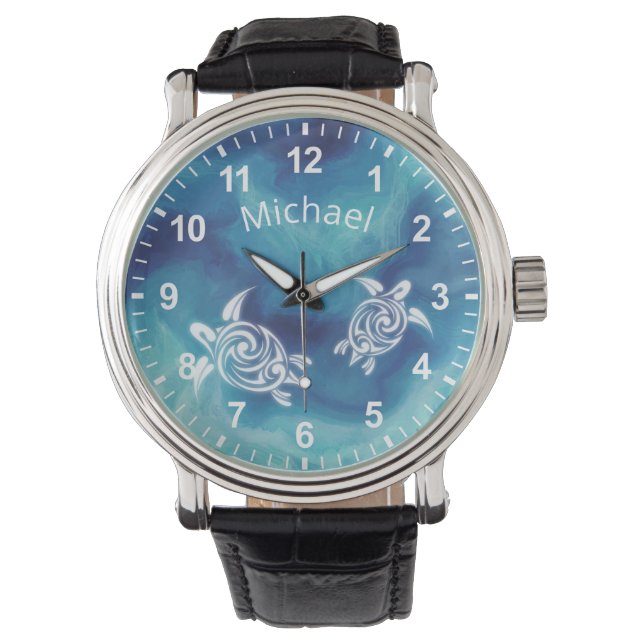 White Turtles in Blue Ocean Waterverf Jouw naam Horloge (Voorkant)