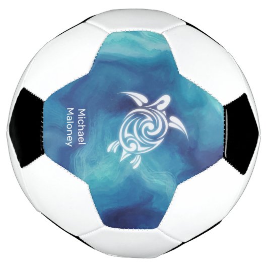 White Turtles in Blue Ocean Waterverf Jouw naam Voetbal (Gedraaid)