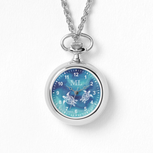 White Turtles in Blue Ocean Waterverf Monogram Horloge (Voorkant)