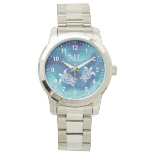 White Turtles in Blue Ocean Waterverf Monogram Horloge