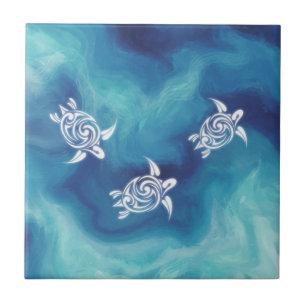 White Turtles in Blue Ocean Waterverf Tegeltje