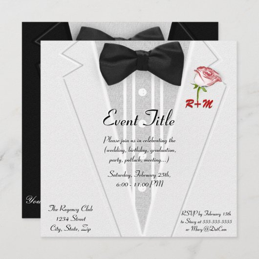 White Tuxedo met Bow Stropdas Monogram Kaart (Voorkant / Achterkant)