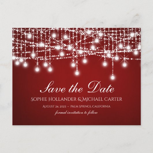 White Twinkle String Lights Red Save the Date Briefkaart (Voorkant)
