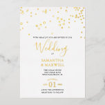 White Typography Wedding Folie Invitation Uitnodiging<br><div class="desc">Deze luciferige trouwuitnodiging bevat typografie die is ingesteld in een stijlvolle, handgeschreven letterdrukgouden folie-typografie met gebeurtenisdetails in een klassiek zwart lettertype op een scherpe witte achtergrond met een bovenste rand van een gouden confetti. Een elegante maar stijlvolle keuze voor witte en gouden trouwthema's en repetitieve diners. Om de hele luxe...</div>