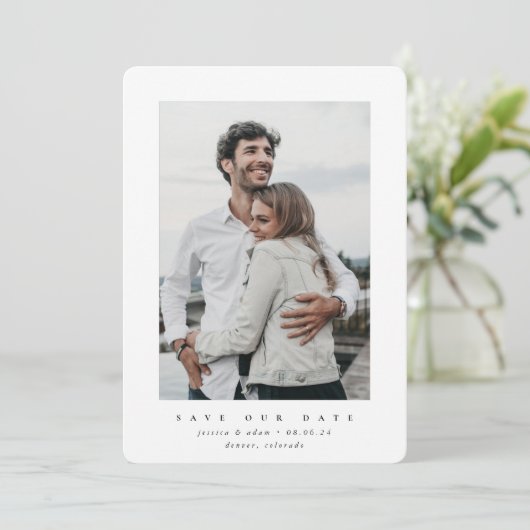 White Ultra Minimal Save the Date Photo Card (Staand voorkant)