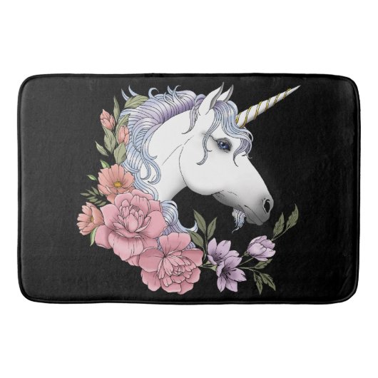 White Unicorn and Flowers Badmat (Voorkant)