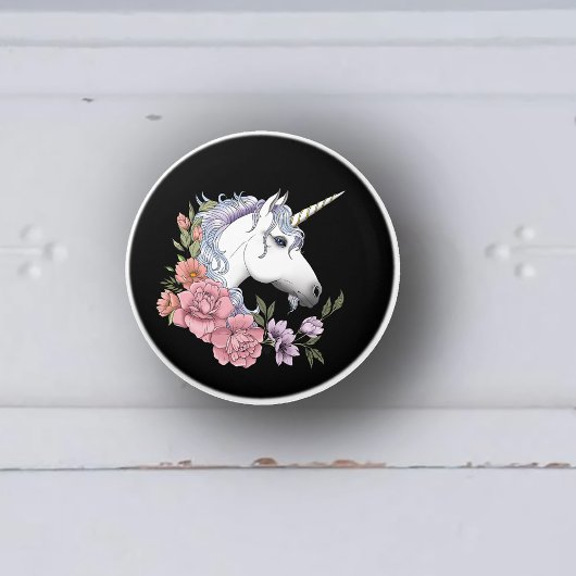 White Unicorn and Flowers Keramische Knop