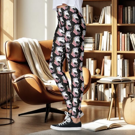 White Unicorn and Flowers Leggings