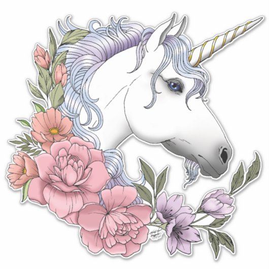 White Unicorn and Flowers Sticker (Voorkant)