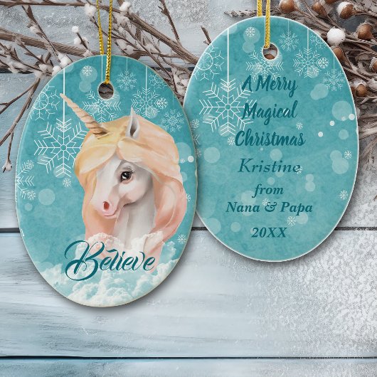 White Unicorn Blauwgroen Snowflake Believe Kerstmi Keramisch Ornament