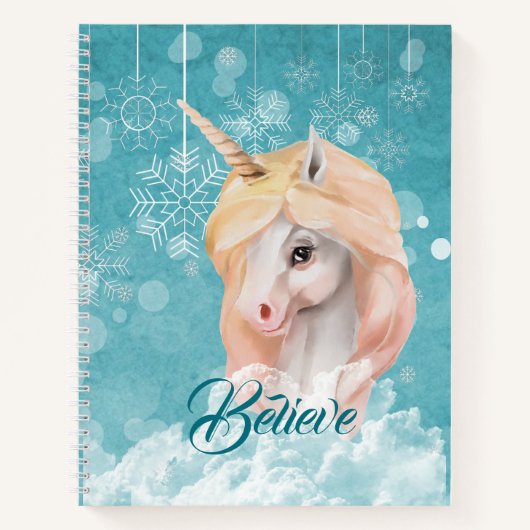 White Unicorn Blauwgroen Snowflake Believe Notitieboek (Voorkant)