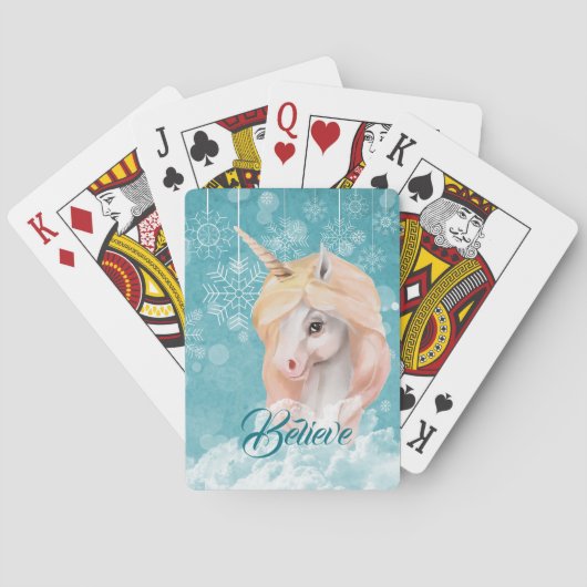 White Unicorn Blauwgroen Snowflake Believe Pokerkaarten (Achterkant)