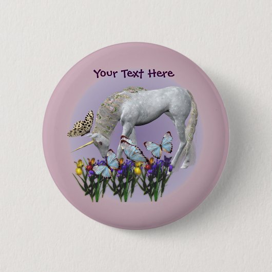 White Unicorn Butterflies Fantasy Button (Voorkant)