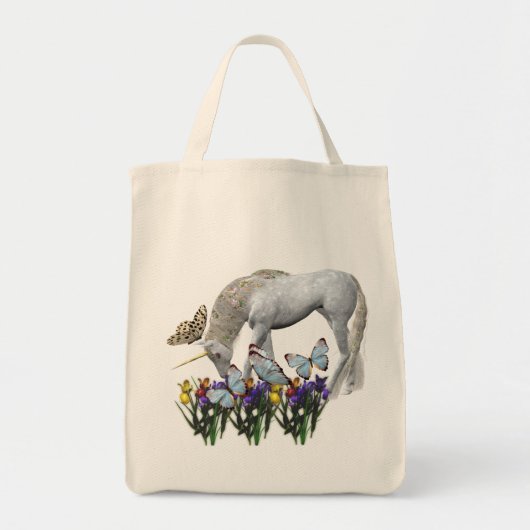 White Unicorn Butterflies Flowers Tote Bag (Voorkant)