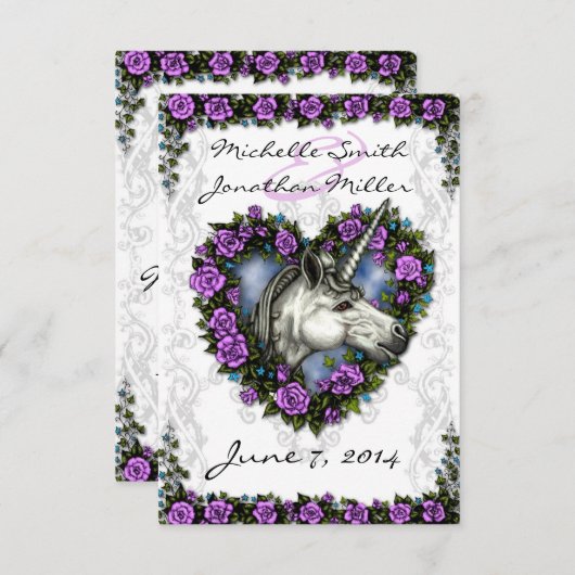 White Unicorn en Paars Roos Heart RSVP (Voorkant / Achterkant)