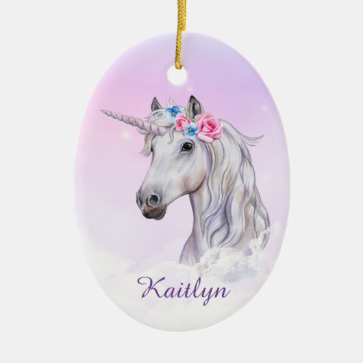 White Unicorn Floral Believe Keramisch Ornament (Voorkant)