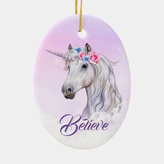 White Unicorn Floral Believe Keramisch Ornament (Achterkant)