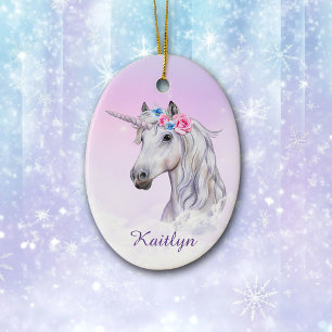 White Unicorn Floral Believe Keramisch Ornament
