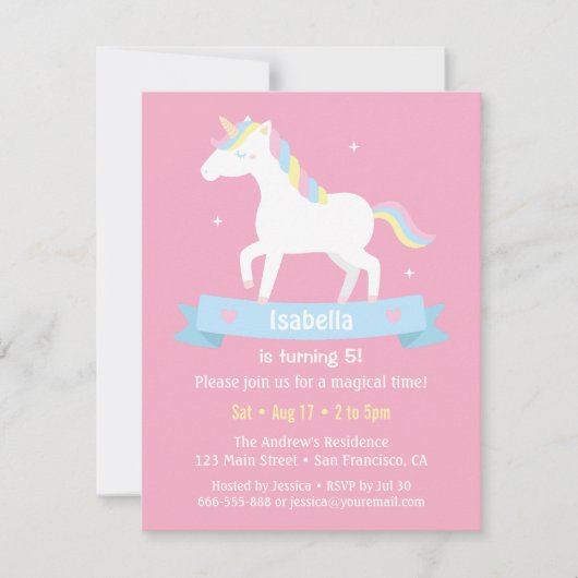 White Unicorn Girls Pink Birthday Party Kaart (Voorkant)