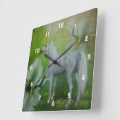 White Unicorn Horse and Flowers Fantasy Art Vierkante Klok (Hoek)