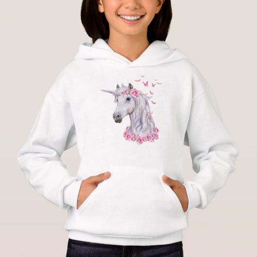 White Unicorn Horse, Roze Roses en Butterflies (Voorkant)