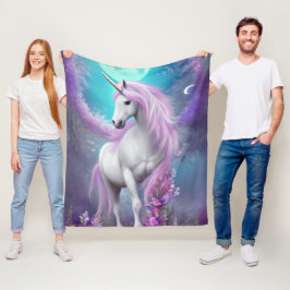 White Unicorn met paarse bloemen & maan. Fleece Deken