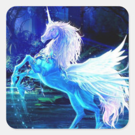 White Unicorn Pegasus Blue Moonlight Vierkante Sticker