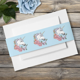 White unicorn Pink Flowers Blue Wedding Uitnodigingen Wikkel