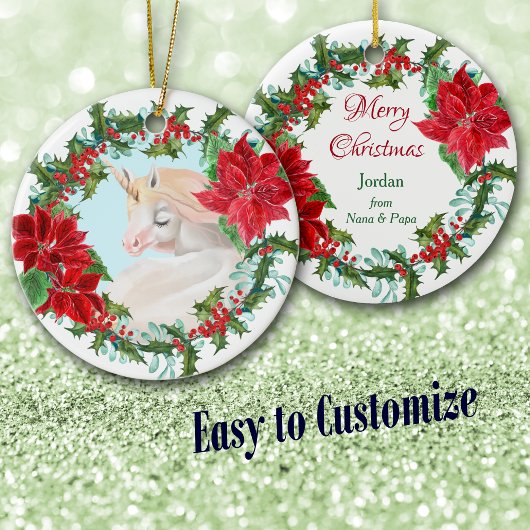 White Unicorn Poinsettia Holly Wreath Keramisch Ornament