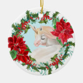 White Unicorn Poinsettia Holly Wreath Keramisch Ornament (Voorkant)