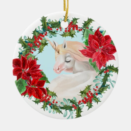 White Unicorn Poinsettia Holly Wreath Keramisch Ornament (Voorkant)