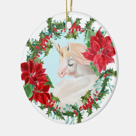 White Unicorn Poinsettia Holly Wreath Keramisch Ornament (Links)