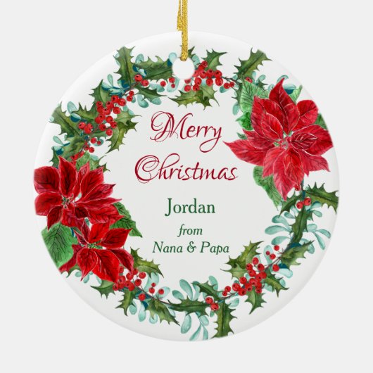 White Unicorn Poinsettia Holly Wreath Keramisch Ornament (Achterkant)