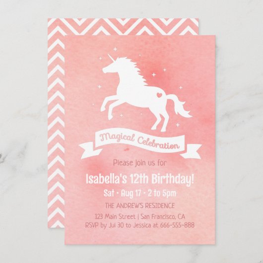 White Unicorn Waterverf Girls Birthday Party Kaart (Voorkant / Achterkant)