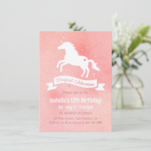 White Unicorn Waterverf Girls Birthday Party Kaart (Staand voorkant)